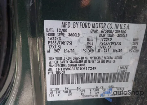 2001 Ford F-150 King Ranch Edition/Lariat/Xlt из США, поврежденный, VIN 1FTRW08L81KA17249